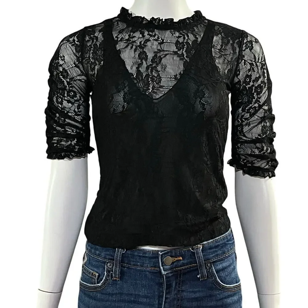 By Anthropologie Womens VNeck Lace Ruched Sleeve Blouse Size Extra Small